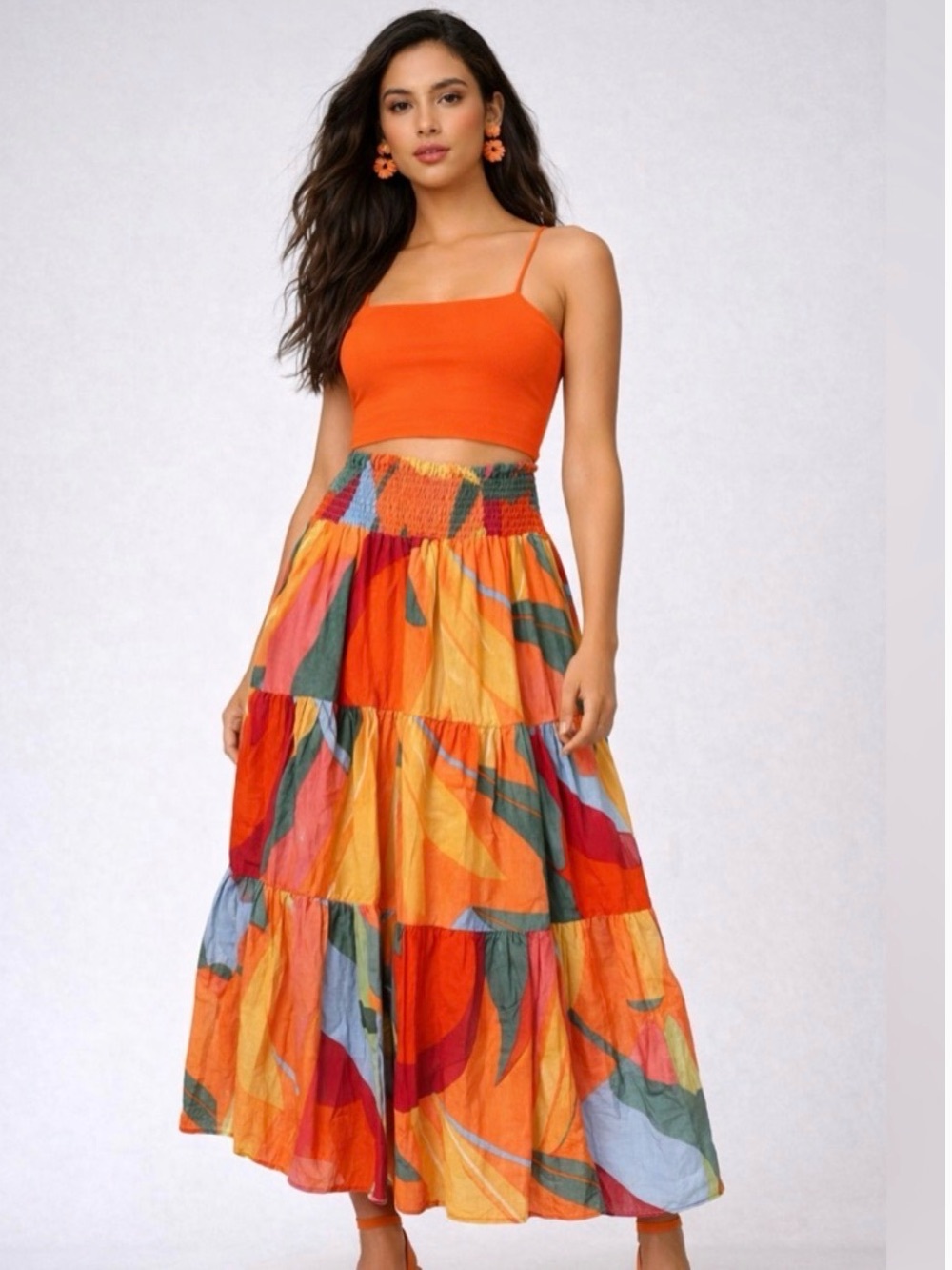 Christian Siriano Multicolor Abstract Tiered Maxi Skirt in Orange, Green & Pink